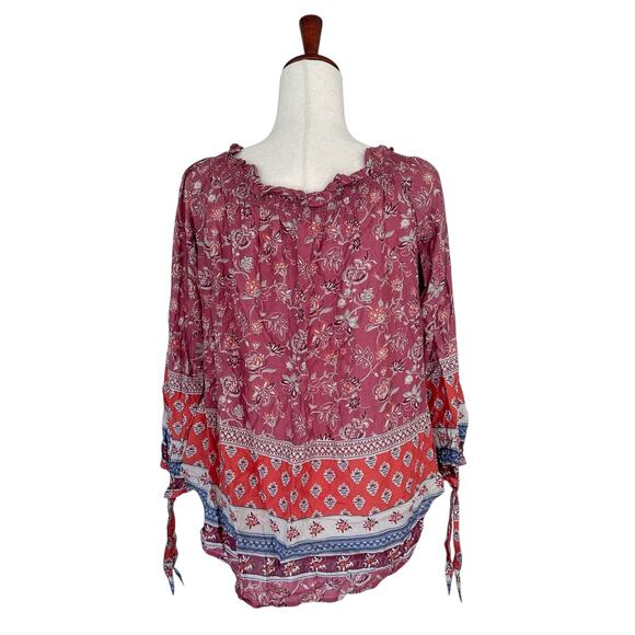 beach lunch lounge Women's Pink Off Shoulder Floral Boho Blouse Shirt Medium - Picture 8 of 11